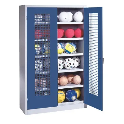 C+P Ballschrank mit Lochblech-Flügeltüren (Typ 3), HxBxT 195x120x50 cm, Ergo-Lock Muldengriff, Enzianblau (RAL 5010), Lichtgrau (RAL 7035), Einzelschliessung