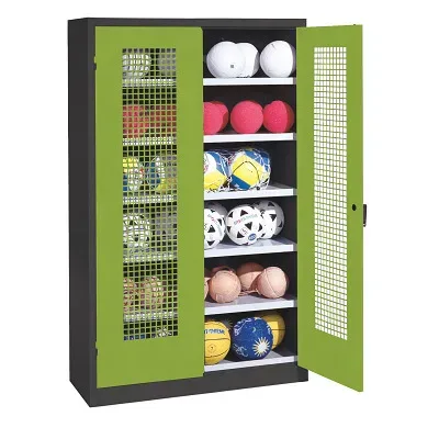C+P Ballschrank mit Lochblech-Flügeltüren (Typ 3), HxBxT 195x120x50 cm, Ergo-Lock Muldengriff, Clowngrün (RAL 110 80 60), Anthrazit (RAL 7021), Einzelschliessung