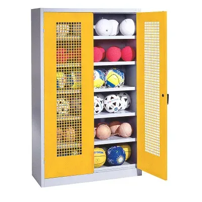 C+P Ballschrank mit Lochblech-Flügeltüren (Typ 3), HxBxT 195x120x50 cm, Ergo-Lock Muldengriff, Verkehrsgelb (RAL 1023), Anthrazit (RAL 7021), Einzelschliessung
