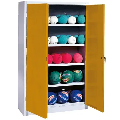 C+P Ballschrank mit Vollblech-Flügeltüren (Typ 3), HxBxT 195x150x50 cm, Ergo-Lock Muldengriff, Goldgelb (RAL 1004), Lichtgrau (RAL 7035), Einzelschliessung