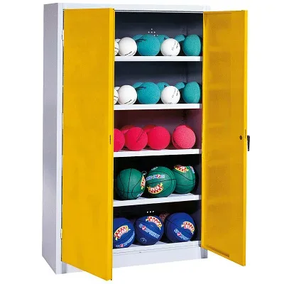 C+P Ballschrank mit Vollblech-Flügeltüren (Typ 3), HxBxT 195x150x50 cm, Ergo-Lock Muldengriff, Verkehrsgelb (RAL 1023), Anthrazit (RAL 7021), Einzelschliessung