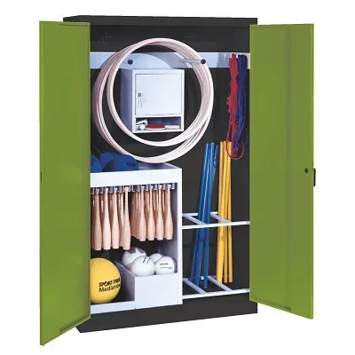 C+P Sportgeräteschrank mit Vollblech-Flügeltüren (Typ 1), HxBxT 195x120x50 cm, Ergo-Lock Muldengriff, Clowngrün (RAL 110 80 60), Anthrazit (RAL 7021), Einzelschliessung