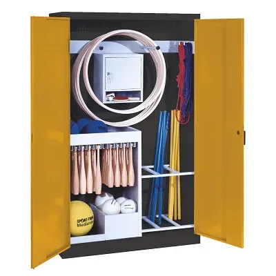 C+P Sportgeräteschrank mit Vollblech-Flügeltüren (Typ 1), HxBxT 195x120x50 cm, Ergo-Lock Muldengriff, Goldgelb (RAL 1004), Anthrazit (RAL 7021), Einzelschliessung
