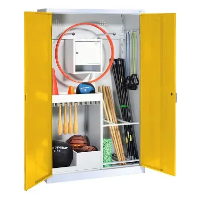 C+P Sportgeräteschrank mit Vollblech-Flügeltüren (Typ 1), HxBxT 195x120x50 cm, Ergo-Lock Muldengriff, Verkehrsgelb (RAL 1023), Anthrazit (RAL 7021), Einzelschliessung