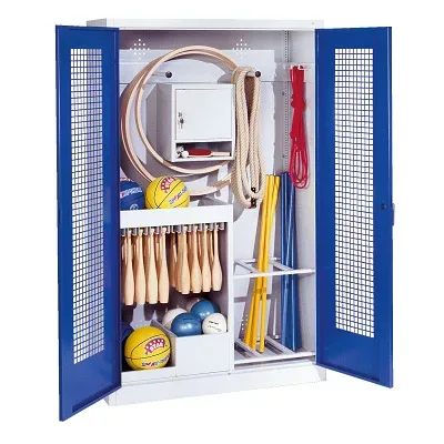 C+P Sportgeräteschrank mit Lochblech-Flügeltüren (Typ 1), HxBxT 195x120x50 cm, Ergo-Lock Muldengriff, Enzianblau (RAL 5010), Lichtgrau (RAL 7035), Einzelschliessung