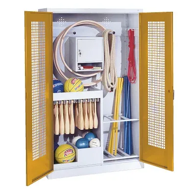 C+P Sportgeräteschrank mit Lochblech-Flügeltüren (Typ 1), HxBxT 195x120x50 cm, Ergo-Lock Muldengriff, Goldgelb (RAL 1004), Lichtgrau (RAL 7035), Einzelschliessung