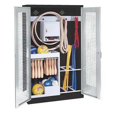 C+P Sportgeräteschrank mit Lochblech-Flügeltüren (Typ 1), HxBxT 195x120x50 cm, Lichtgrau (RAL 7035), Ergo-Lock Muldengriff, Anthrazit (RAL 7021), Einzelschliessung