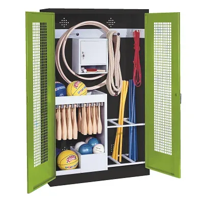 C+P Sportgeräteschrank mit Lochblech-Flügeltüren (Typ 1), HxBxT 195x120x50 cm, Ergo-Lock Muldengriff, Clowngrün (RAL 110 80 60), Anthrazit (RAL 7021), Einzelschliessung