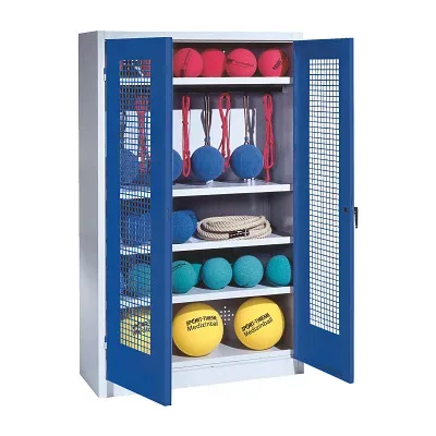 C+P Sportgeräteschrank mit Lochblech-Flügeltüren (Typ 2), HxBxT 195x120x50 cm, Ergo-Lock Muldengriff, Enzianblau (RAL 5010), Lichtgrau (RAL 7035), Einzelschliessung