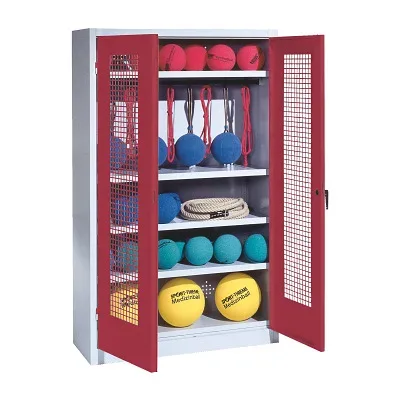 C+P Sportgeräteschrank mit Lochblech-Flügeltüren (Typ 2), HxBxT 195x120x50 cm, Ergo-Lock Muldengriff, Rubinrot (RAL 3003), Lichtgrau (RAL 7035), Einzelschliessung