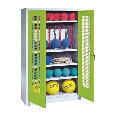 C+P Sportgeräteschrank mit Lochblech-Flügeltüren (Typ 2), HxBxT 195x120x50 cm, Ergo-Lock Muldengriff, Clowngrün (RAL 110 80 60), Lichtgrau (RAL 7035), Einzelschliessung