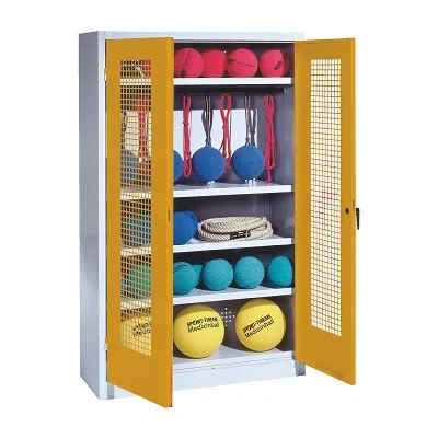 C+P Sportgeräteschrank mit Lochblech-Flügeltüren (Typ 2), HxBxT 195x120x50 cm, Ergo-Lock Muldengriff, Goldgelb (RAL 1004), Lichtgrau (RAL 7035), Einzelschliessung