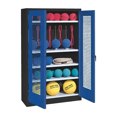 C+P Sportgeräteschrank mit Lochblech-Flügeltüren (Typ 2), HxBxT 195x120x50 cm, Enzianblau (RAL 5010), Ergo-Lock Muldengriff, Anthrazit (RAL 7021), Einzelschliessung