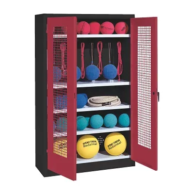 C+P Sportgeräteschrank mit Lochblech-Flügeltüren (Typ 2), HxBxT 195x120x50 cm, Ergo-Lock Muldengriff, Rubinrot (RAL 3003), Anthrazit (RAL 7021), Einzelschliessung