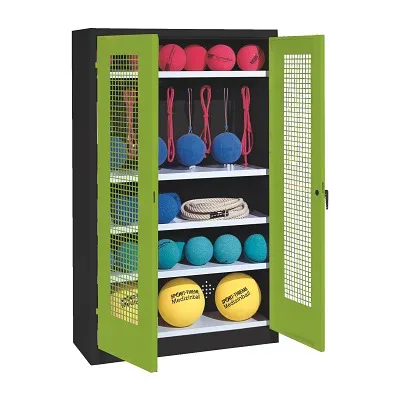 C+P Sportgeräteschrank mit Lochblech-Flügeltüren (Typ 2), HxBxT 195x120x50 cm, Ergo-Lock Muldengriff, Clowngrün (RAL 110 80 60), Anthrazit (RAL 7021), Einzelschliessung