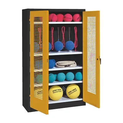 C+P Sportgeräteschrank mit Lochblech-Flügeltüren (Typ 2), HxBxT 195x120x50 cm, Ergo-Lock Muldengriff, Goldgelb (RAL 1004), Anthrazit (RAL 7021), Einzelschliessung