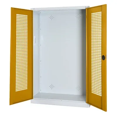 C+P Modul-Sportgeräteschrank mit Lochblech-Flügeltüren, HxBxT 195x120x50 cm, Ergo-Lock Muldengriff, Goldgelb (RAL 1004), Lichtgrau (RAL 7035), Einzelschliessung
