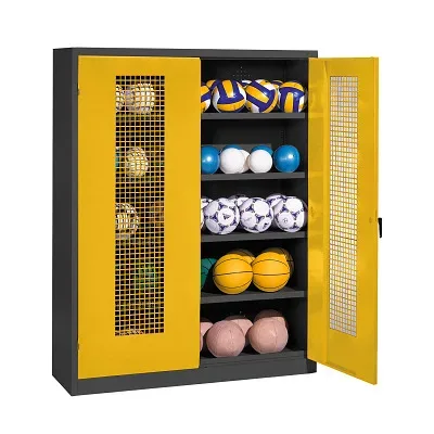 C+P Ballschrank mit Lochblech-Flügeltüren (Typ 3), HxBxT 195x150x50 cm, Ergo-Lock Muldengriff, Verkehrsgelb (RAL 1023), Anthrazit (RAL 7021), Einzelschliessung