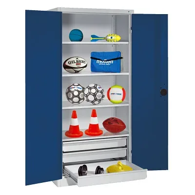 C+P Sportgeräteschrank mit Schubladen und Vollblech-Flügeltüren (Typ 4), HxBxT 195x120x50 cm, Enzianblau (RAL 5010), Ergo-Lock Muldengriff, Anthrazit (RAL 7021), Einzelschliessung