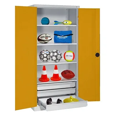 C+P Sportgeräteschrank mit Schubladen und Vollblech-Flügeltüren (Typ 4), HxBxT 195x120x50 cm, Ergo-Lock Muldengriff, Goldgelb (RAL 1004), Anthrazit (RAL 7021), Einzelschliessung