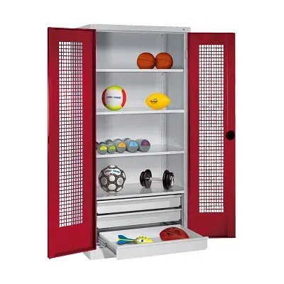 C+P Sportgeräteschrank mit Schubladen und Lochblech-Flügeltüren (Typ 4),  HxBxT 195x120x50 cm, Ergo-Lock Muldengriff, Rubinrot (RAL 3003), Lichtgrau (RAL 7035), Einzelschliessung