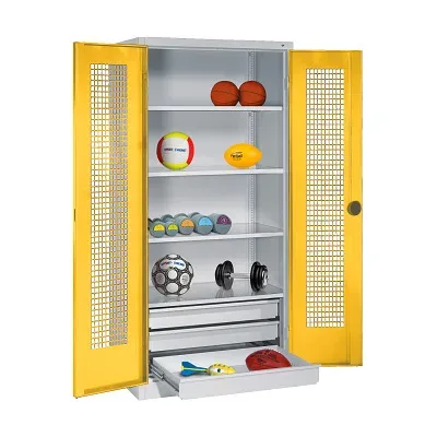 C+P Sportgeräteschrank mit Schubladen und Lochblech-Flügeltüren (Typ 4),  HxBxT 195x120x50 cm, Ergo-Lock Muldengriff, Verkehrsgelb (RAL 1023), Lichtgrau (RAL 7035), Einzelschliessung