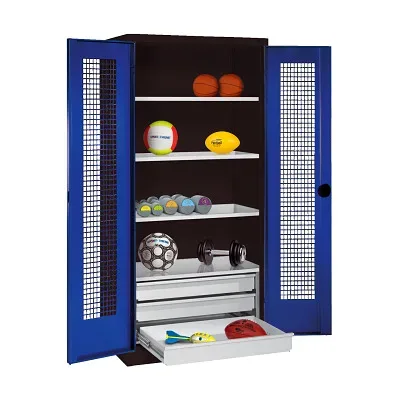 C+P Sportgeräteschrank mit Schubladen und Lochblech-Flügeltüren (Typ 4),  HxBxT 195x120x50 cm, Enzianblau (RAL 5010), Ergo-Lock Muldengriff, Anthrazit (RAL 7021), Einzelschliessung