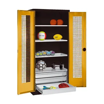 C+P Sportgeräteschrank mit Schubladen und Lochblech-Flügeltüren (Typ 4),  HxBxT 195x120x50 cm, Ergo-Lock Muldengriff, Goldgelb (RAL 1004), Anthrazit (RAL 7021), Einzelschliessung