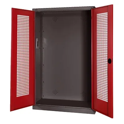 C+P Modul-Sportgeräteschrank mit Lochblech-Flügeltüren, HxBxT 195x120x50 cm, Ergo-Lock Muldengriff, Rubinrot (RAL 3003), Anthrazit (RAL 7021), Einzelschliessung