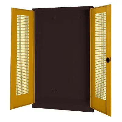 C+P Modul-Sportgeräteschrank mit Lochblech-Flügeltüren, HxBxT 195x120x50 cm, Ergo-Lock Muldengriff, Goldgelb (RAL 1004), Anthrazit (RAL 7021), Einzelschliessung