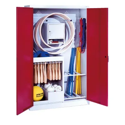 C+P Sportgeräteschrank mit Vollblech-Flügeltüren (Typ 1), HxBxT 195x120x50 cm, Ergo-Lock Muldengriff, Rubinrot (RAL 3003), Lichtgrau (RAL 7035), Gleichschliessung