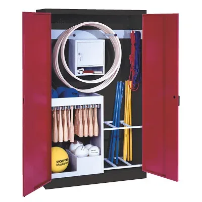 C+P Sportgeräteschrank mit Vollblech-Flügeltüren (Typ 1), HxBxT 195x120x50 cm, Ergo-Lock Muldengriff, Rubinrot (RAL 3003), Anthrazit (RAL 7021), Gleichschliessung