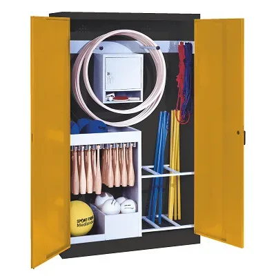 C+P Sportgeräteschrank mit Vollblech-Flügeltüren (Typ 1), HxBxT 195x120x50 cm, Ergo-Lock Muldengriff, Goldgelb (RAL 1004), Anthrazit (RAL 7021), Gleichschliessung