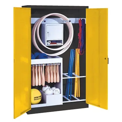 C+P Sportgeräteschrank mit Vollblech-Flügeltüren (Typ 1), HxBxT 195x120x50 cm, Ergo-Lock Muldengriff, Verkehrsgelb (RAL 1023), Anthrazit (RAL 7021), Gleichschliessung
