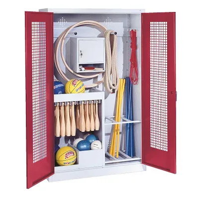 C+P Sportgeräteschrank mit Lochblech-Flügeltüren (Typ 1), HxBxT 195x120x50 cm, Ergo-Lock Muldengriff, Rubinrot (RAL 3003), Lichtgrau (RAL 7035), Gleichschliessung