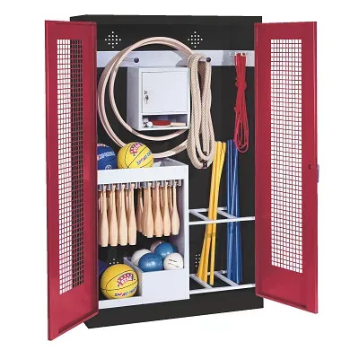 C+P Sportgeräteschrank mit Lochblech-Flügeltüren (Typ 1), HxBxT 195x120x50 cm, Ergo-Lock Muldengriff, Rubinrot (RAL 3003), Anthrazit (RAL 7021), Gleichschliessung
