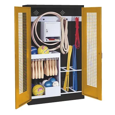C+P Sportgeräteschrank mit Lochblech-Flügeltüren (Typ 1), HxBxT 195x120x50 cm, Ergo-Lock Muldengriff, Goldgelb (RAL 1004), Anthrazit (RAL 7021), Gleichschliessung
