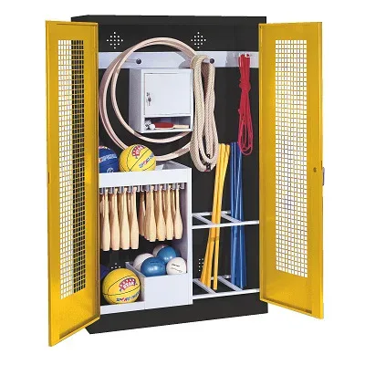 C+P Sportgeräteschrank mit Lochblech-Flügeltüren (Typ 1), HxBxT 195x120x50 cm, Ergo-Lock Muldengriff, Verkehrsgelb (RAL 1023), Anthrazit (RAL 7021), Gleichschliessung