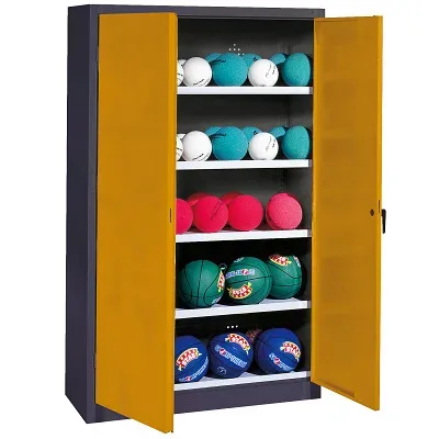 C+P Ballschrank mit Vollblech-Flügeltüren (Typ 3), HxBxT 195x150x50 cm, Ergo-Lock Muldengriff, Goldgelb (RAL 1004), Anthrazit (RAL 7021), Gleichschliessung