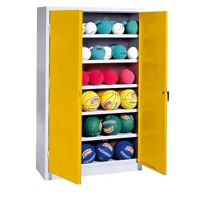 C+P Ballschrank mit Vollblech-Flügeltüren (Typ 3), HxBxT: 195x120x50 cm, Ergo-Lock Muldengriff, Verkehrsgelb (RAL 1023), Lichtgrau (RAL 7035), Gleichschliessung