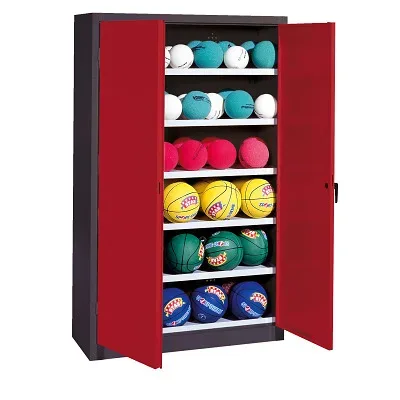 C+P Ballschrank mit Vollblech-Flügeltüren (Typ 3), HxBxT: 195x120x50 cm, Ergo-Lock Muldengriff, Rubinrot (RAL 3003), Anthrazit (RAL 7021), Gleichschliessung