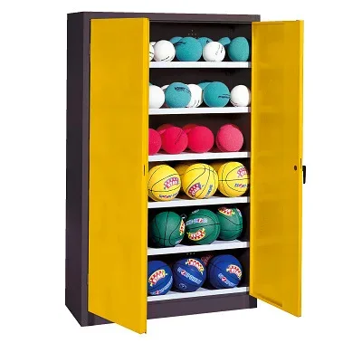 C+P Ballschrank mit Vollblech-Flügeltüren (Typ 3), HxBxT: 195x120x50 cm, Ergo-Lock Muldengriff, Verkehrsgelb (RAL 1023), Anthrazit (RAL 7021), Gleichschliessung