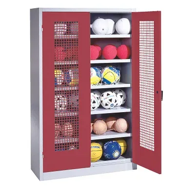 C+P Ballschrank mit Lochblech-Flügeltüren (Typ 3), HxBxT 195x120x50 cm, Ergo-Lock Muldengriff, Rubinrot (RAL 3003), Lichtgrau (RAL 7035), Gleichschliessung