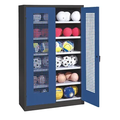 C+P Ballschrank mit Lochblech-Flügeltüren (Typ 3), HxBxT 195x120x50 cm, Enzianblau (RAL 5010), Ergo-Lock Muldengriff, Anthrazit (RAL 7021), Gleichschliessung