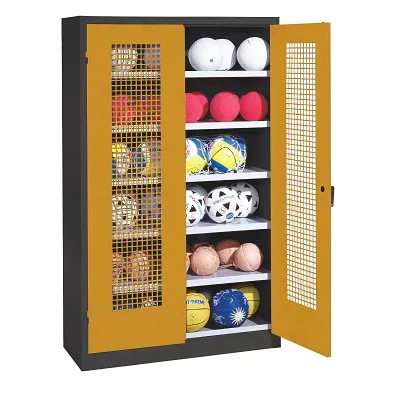 C+P Ballschrank mit Lochblech-Flügeltüren (Typ 3), HxBxT 195x120x50 cm, Ergo-Lock Muldengriff, Goldgelb (RAL 1004), Anthrazit (RAL 7021), Gleichschliessung