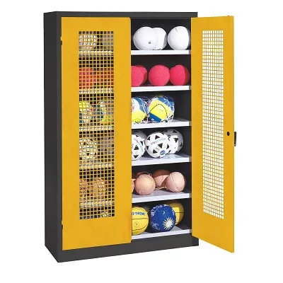 C+P Ballschrank mit Lochblech-Flügeltüren (Typ 3), HxBxT 195x120x50 cm, Ergo-Lock Muldengriff, Verkehrsgelb (RAL 1023), Anthrazit (RAL 7021), Gleichschliessung