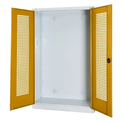 C+P Modul-Sportgeräteschrank mit Lochblech-Flügeltüren, HxBxT 195x120x50 cm, Ergo-Lock Muldengriff, Goldgelb (RAL 1004), Lichtgrau (RAL 7035), Gleichschliessung