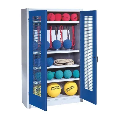 C+P Sportgeräteschrank mit Lochblech-Flügeltüren (Typ 2), HxBxT 195x120x50 cm, Ergo-Lock Muldengriff, Enzianblau (RAL 5010), Lichtgrau (RAL 7035), Gleichschliessung