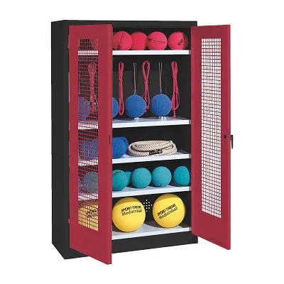 C+P Sportgeräteschrank mit Lochblech-Flügeltüren (Typ 2), HxBxT 195x120x50 cm, Ergo-Lock Muldengriff, Rubinrot (RAL 3003), Anthrazit (RAL 7021), Gleichschliessung