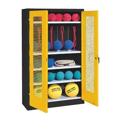C+P Sportgeräteschrank mit Lochblech-Flügeltüren (Typ 2), HxBxT 195x120x50 cm, Ergo-Lock Muldengriff, Verkehrsgelb (RAL 1023), Anthrazit (RAL 7021), Gleichschliessung